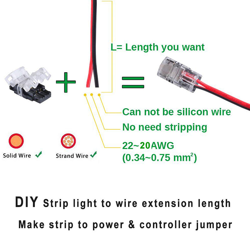 2kolíkový 8/10 mm rychlý konektor LED k napájecímu kabelu 1.64 stop pro vodotěsné LED páskové světlo