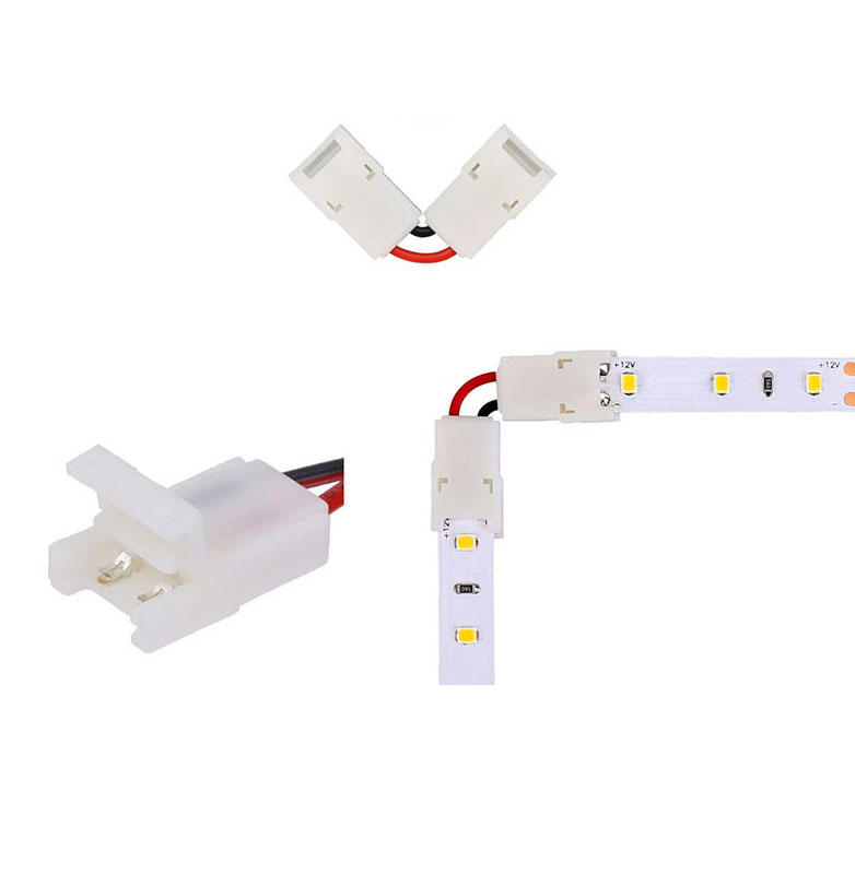 2kolíkové nepájené LED konektorové svorky ve tvaru L, max. zesilovač 5A, 90° připojení jednobarevného LED pásku o šířce 10 mm