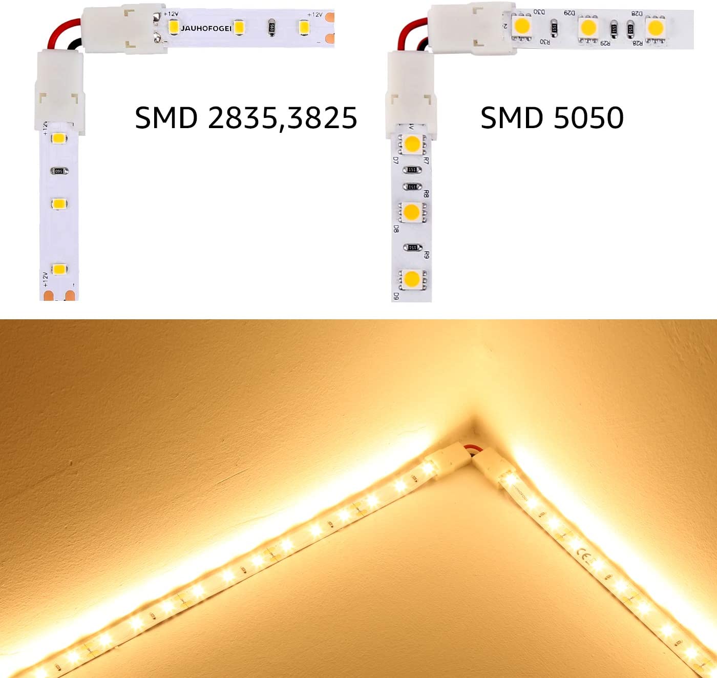 2kolíkové nepájené LED konektorové svorky ve tvaru L, max. zesilovač 5A, 90° připojení jednobarevného LED pásku o šířce 10 mm
