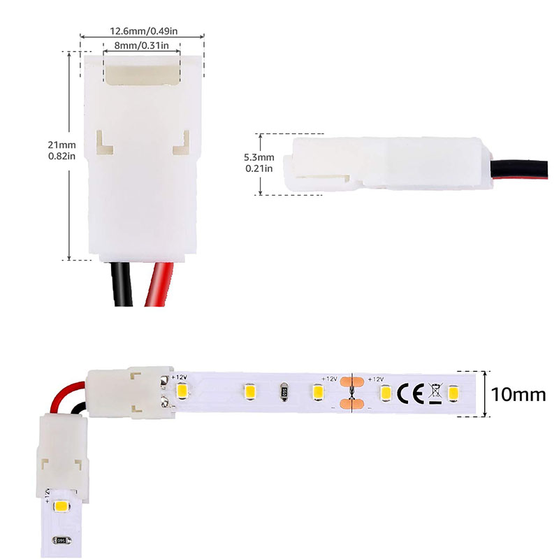 2kolíkové nepájené LED konektorové svorky ve tvaru L, max. zesilovač 5A, 90° připojení jednobarevného LED pásku o šířce 10 mm