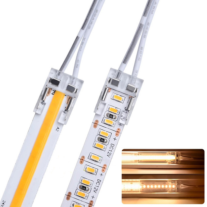 8/10 mm široký 2kolíkový dvojitý konec COB LED pásky s vysokou hustotou Rychlý konektor s 10 cm drátem 8/10 mm široký 2kolíkový dvojitý konec COB LED pásky s vysokou hustotou Rychlý konektor s 10 cm drátem