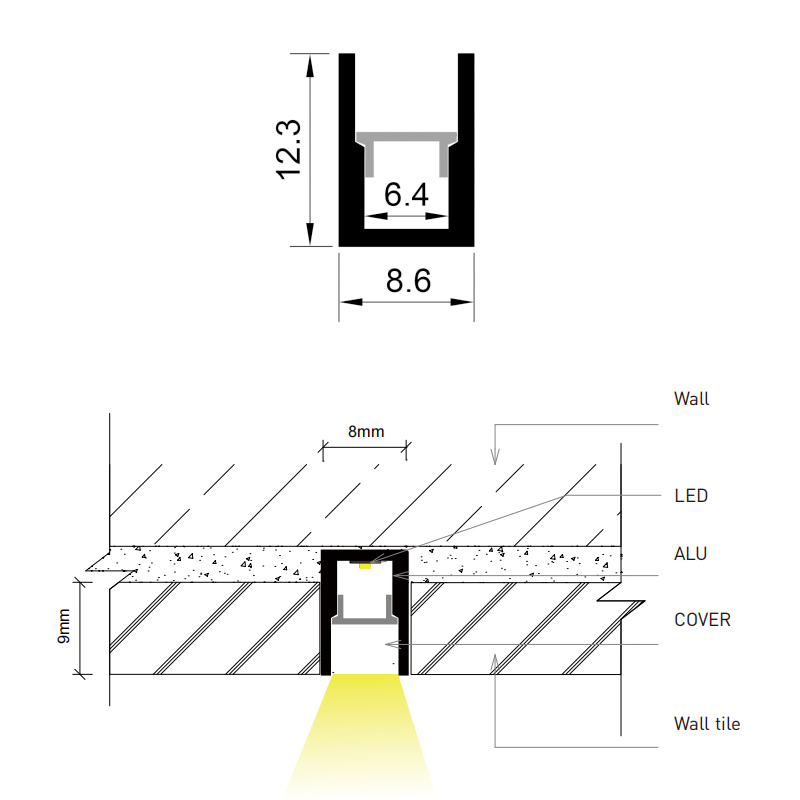 Tenký antireflexní zapuštěný světelný kanál pro 6mm LED pásek Tenký antireflexní zapuštěný světelný kanál pro 6mm LED pásek