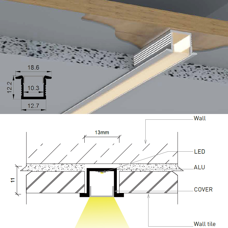 Mini-LED-Streifen-Einbaubeleuchtungskanal für 10-mm-Bandleuchten Mini-LED-Streifen-Einbaubeleuchtungskanal für 10-mm-Bandleuchten