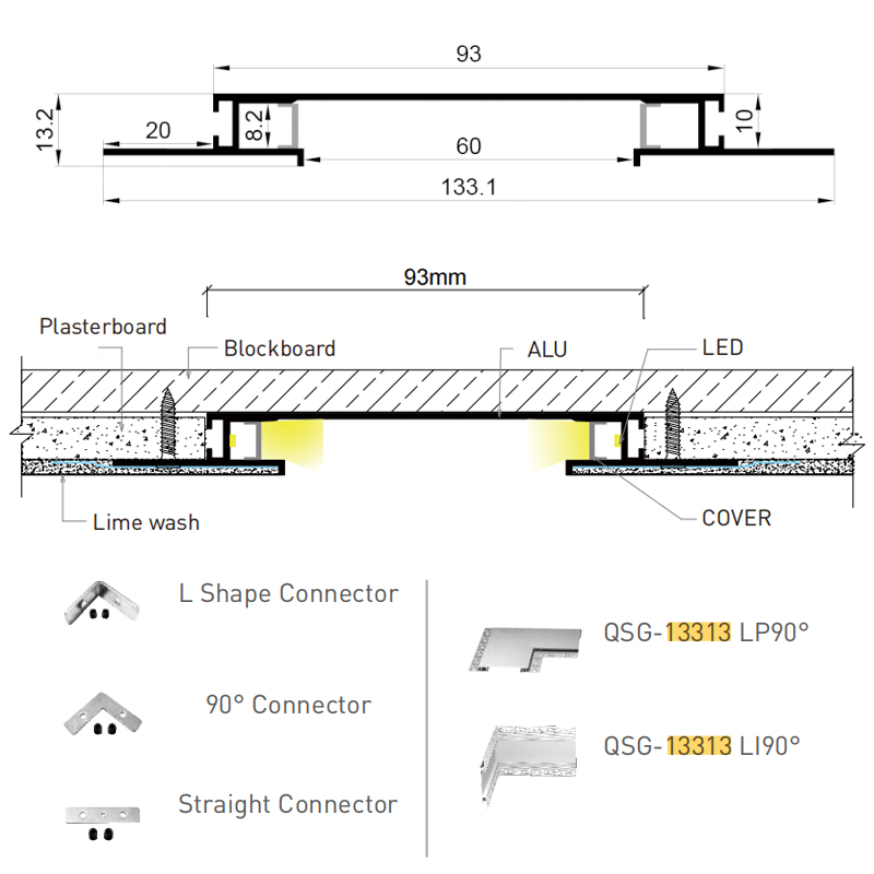 Breites, blendfreies, schlammiges LED-Hintergrundbeleuchtungsprofil für 8-mm-Streifen Breites, blendfreies, schlammiges LED-Hintergrundbeleuchtungsprofil für 8-mm-Streifen