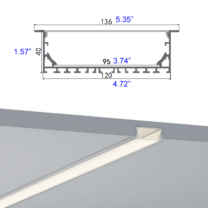 136mmx40mm Large 120mm Wide Recessed LED Channel With Flange