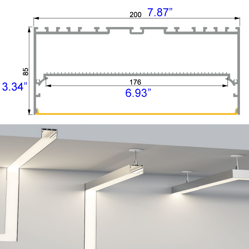 200 mm x 85 mm großer LED-Kanal für lineare Pendelbeleuchtung 200 mm x 85 mm großer LED-Kanal für lineare Pendelbeleuchtung