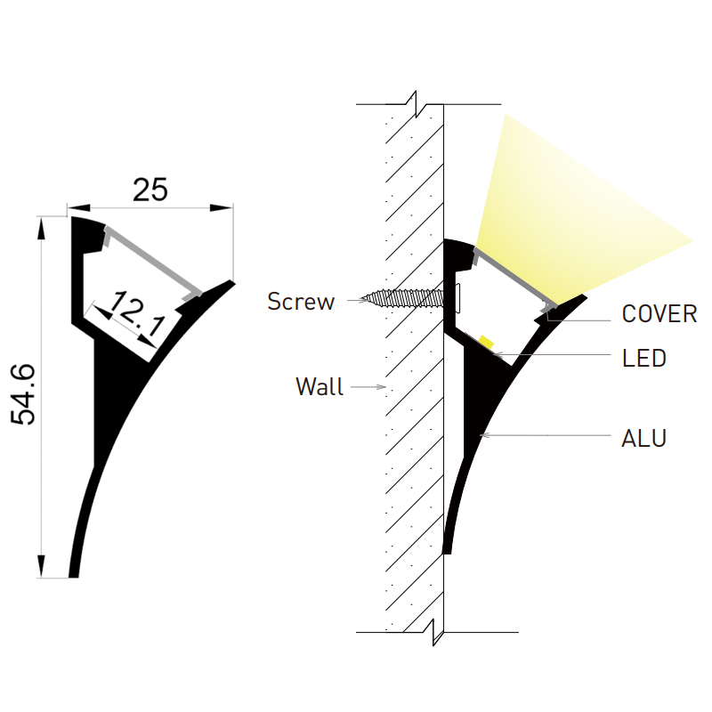 Oberflächenmontiertes Kronenformteil aus Aluminium für LED-Leuchten, 12-mm-Streifen Oberflächenmontiertes Kronenformteil aus Aluminium für LED-Leuchten, 12-mm-Streifen