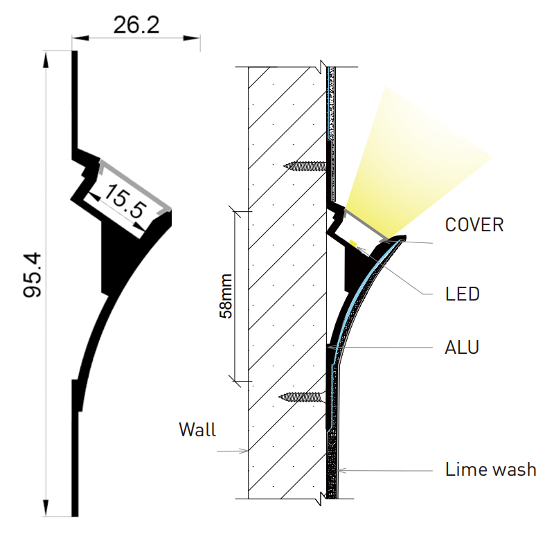 Einputz-Kronenform-LED-Beleuchtungsprofil für 15-mm-Streifen Einputz-Kronenform-LED-Beleuchtungsprofil für 15-mm-Streifen