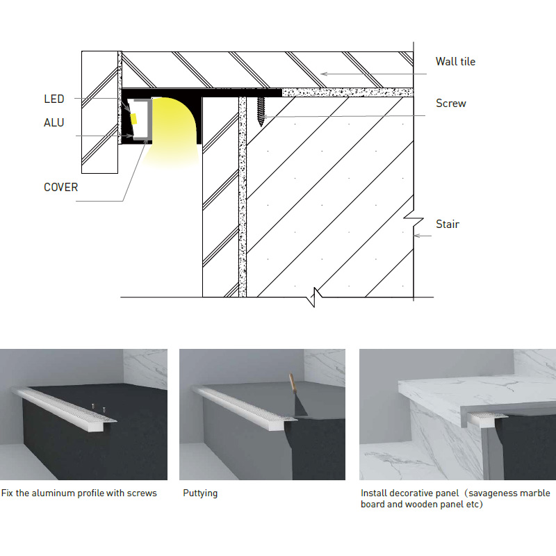 Schodišťový LED profil s bočním lemem pro 10mm pásová světla Schodišťový LED profil s bočním lemem pro 10mm pásová světla