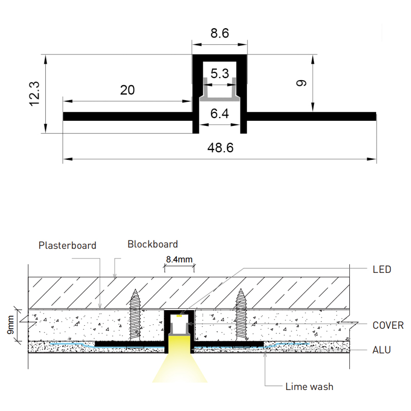 Schlanker, blendfreier LED-Kanal zum Einputzen für 5-mm-Streifenlichter Schlanker, blendfreier LED-Kanal zum Einputzen für 5-mm-Streifenlichter