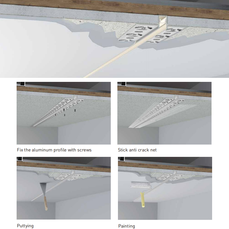 Schlanker, blendfreier LED-Kanal zum Einputzen für 5-mm-Streifenlichter Schlanker, blendfreier LED-Kanal zum Einputzen für 5-mm-Streifenlichter
