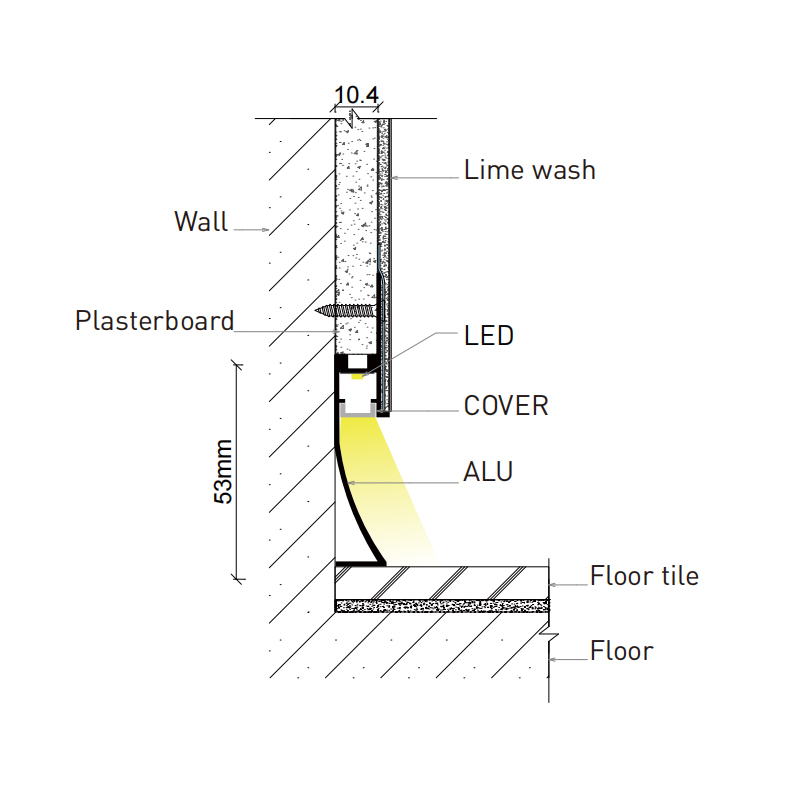 Drywall Plaster In LED Skirting Board Profile For 8mm Strip Lights
