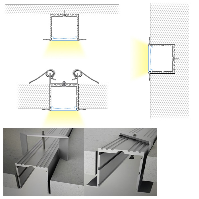 Zapuštěný hliníkový LED páskový difuzor s přírubou pro 28mm čtyřřadá LED pásková světla Zapuštěný hliníkový LED páskový difuzor s přírubou pro 28mm čtyřřadá LED pásková světla