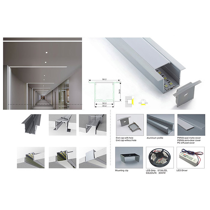 Zapuštěný hliníkový LED páskový difuzor s přírubou pro 28mm čtyřřadá LED pásková světla Zapuštěný hliníkový LED páskový difuzor s přírubou pro 28mm čtyřřadá LED pásková světla