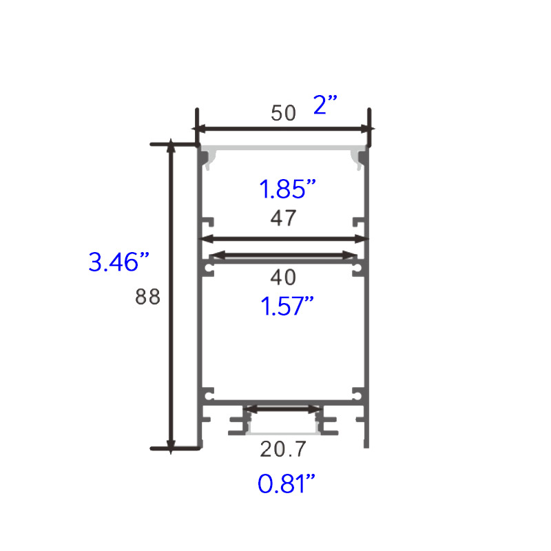 50 * 88 2 Zoll Up Down Beleuchtung rechteckiges silbernes LED-Bandprofil mit Anhänger