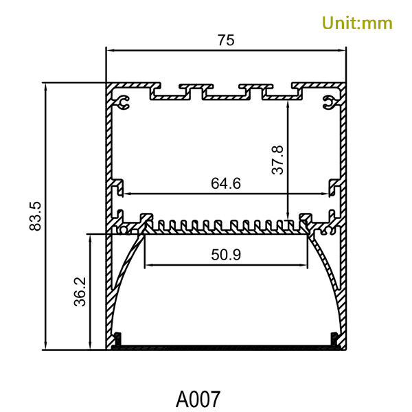 HL-A007 Aluminiumprofil – Innenbreite 50 mm (1.96 Zoll) – eloxierter Extrusionskanal für LED-Streifen HL-A007 Aluminiumprofil – Innenbreite 50 mm (1.96 Zoll) – eloxierter Extrusionskanal für LED-Streifen