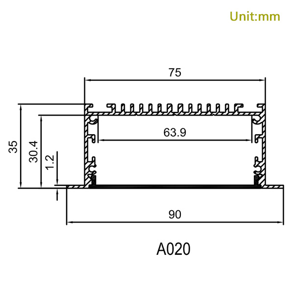 HL-A020 Aluminiumprofil – Innenbreite 63.9 mm (2.51 Zoll) – eloxierter Extrusionskanal für LED-Streifen HL-A020 Aluminiumprofil – Innenbreite 63.9 mm (2.51 Zoll) – eloxierter Extrusionskanal für LED-Streifen