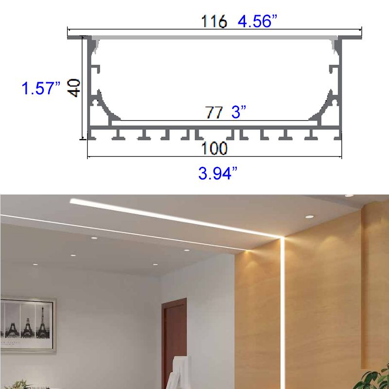 116mmx40mm zapuštěný 100mm široký LED páskový kanál s přírubou 116mmx40mm zapuštěný 100mm široký LED páskový kanál s přírubou