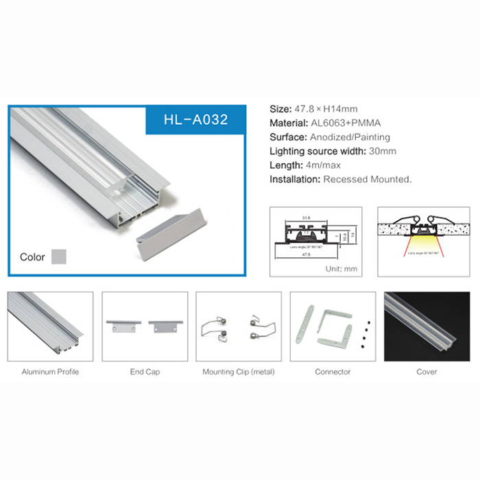 Hliníkový profil HL-A032 – vnitřní šířka 30 mm (1.18 palce) – eloxovaný vytlačovací kanál s LED páskem, pro LED pásková světla Hliníkový profil HL-A032 – vnitřní šířka 30 mm (1.18 palce) – eloxovaný vytlačovací kanál s LED páskem, pro LED pásková světla