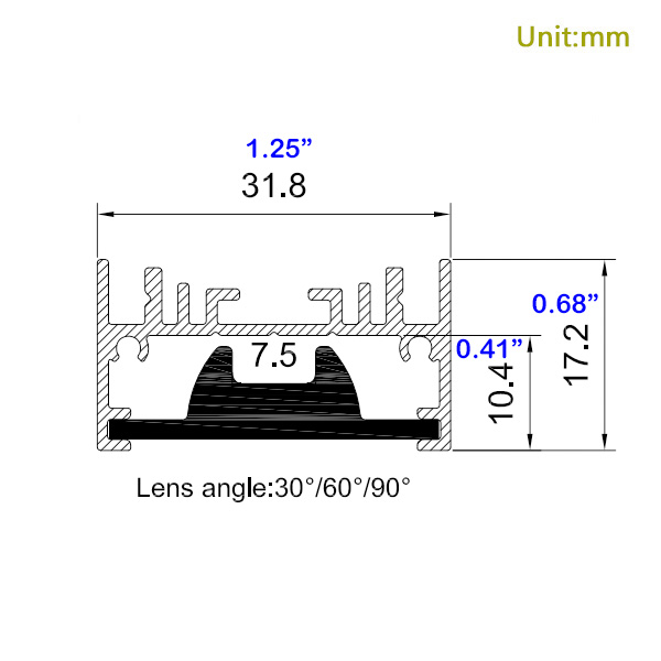 30 Degree 60 Degree PMMA Clear Lens LED Strip Profile For 8mm Tape Light