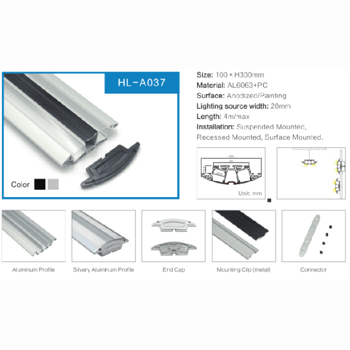Hliníkový profil HL-A037S – vnitřní šířka 20 mm (0.78 palce) – eloxovaný vytlačovací kanál s LED páskem, pro LED pásková světla Hliníkový profil HL-A037S – vnitřní šířka 20 mm (0.78 palce) – eloxovaný vytlačovací kanál s LED páskem, pro LED pásková světla