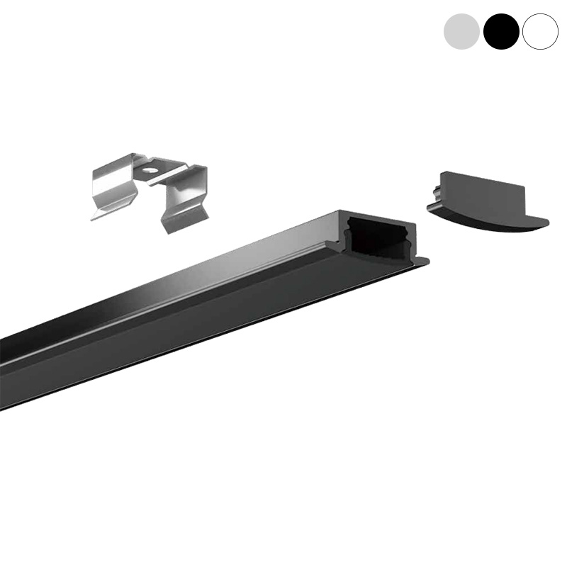 Einbau-Lichtdiffusor, schwarzer Kanal aus extrudiertem Aluminium mit Flansch für 12 mm breite LED-Streifen