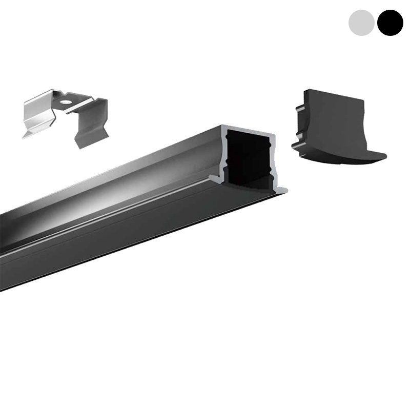 Vertiefter Diffusorkanal aus schwarzem LED-Aluminiumprofil mit Flansch für 12-mm-LED-Lichtleisten