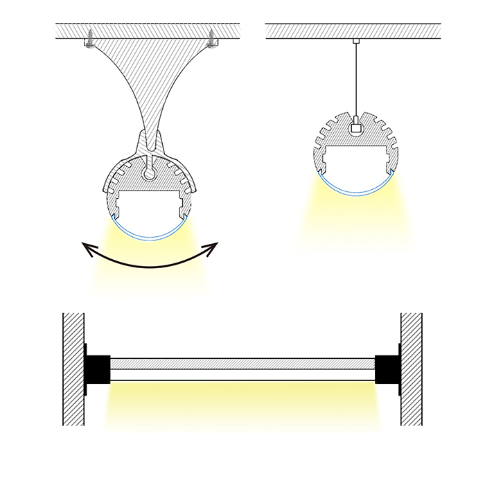 Kulatý závěsný LED kanál s hliníkovým profilem pro 12mm flexibilní LED pásková světla Kulatý závěsný LED kanál s hliníkovým profilem pro 12mm flexibilní LED pásková světla
