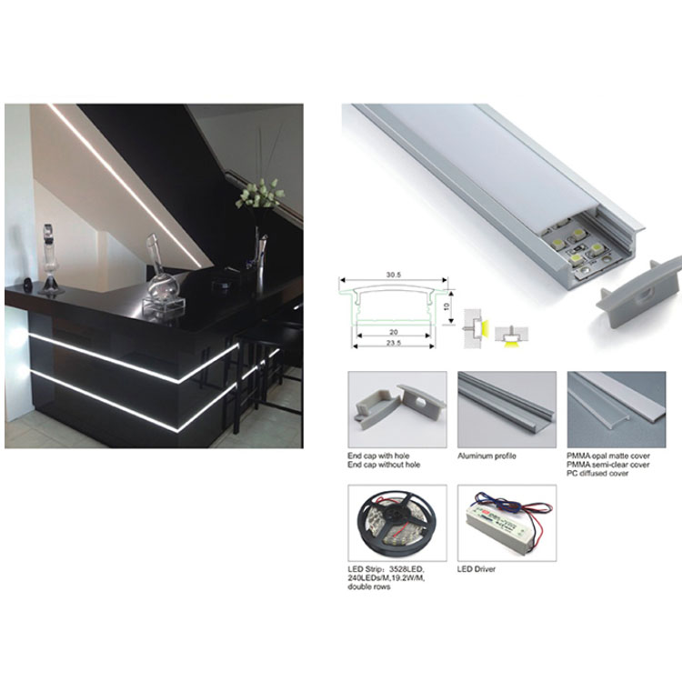 Recessed LED Aluminum Profile With Flange For 20mm Multi-Row LED Strip Lights