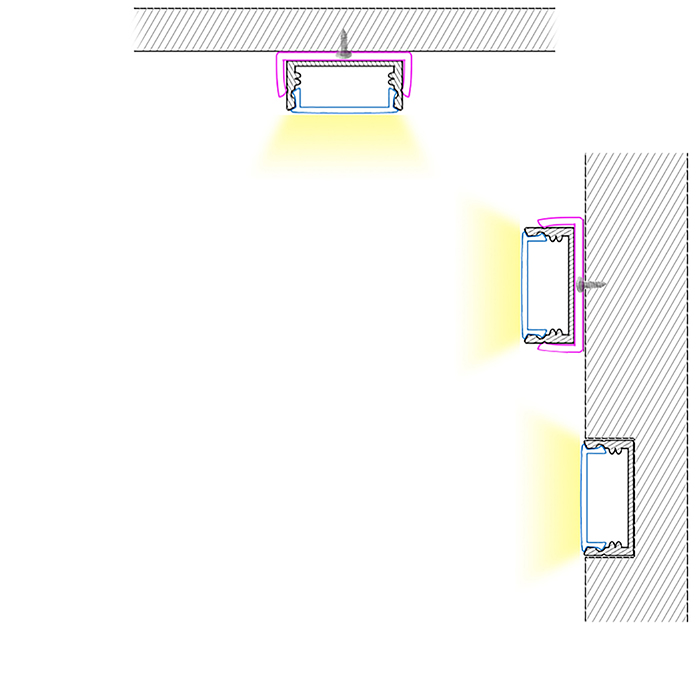 Oberflächenmontierter LED-Diffusorkanal aus Aluminium für 20 mm mehrreihige flexible LED-Streifen Oberflächenmontierter LED-Diffusorkanal aus Aluminium für 20 mm mehrreihige flexible LED-Streifen