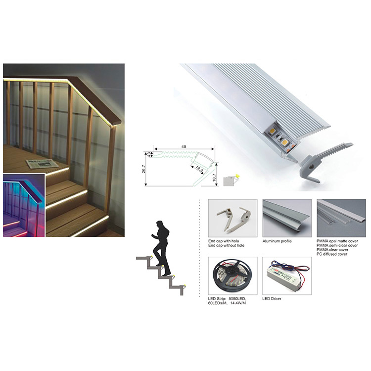 Schodišťové osvětlení LED kanálový hliníkový profil pro 12mm LED světelné pásy Schodišťové osvětlení LED kanálový hliníkový profil pro 12mm LED světelné pásy