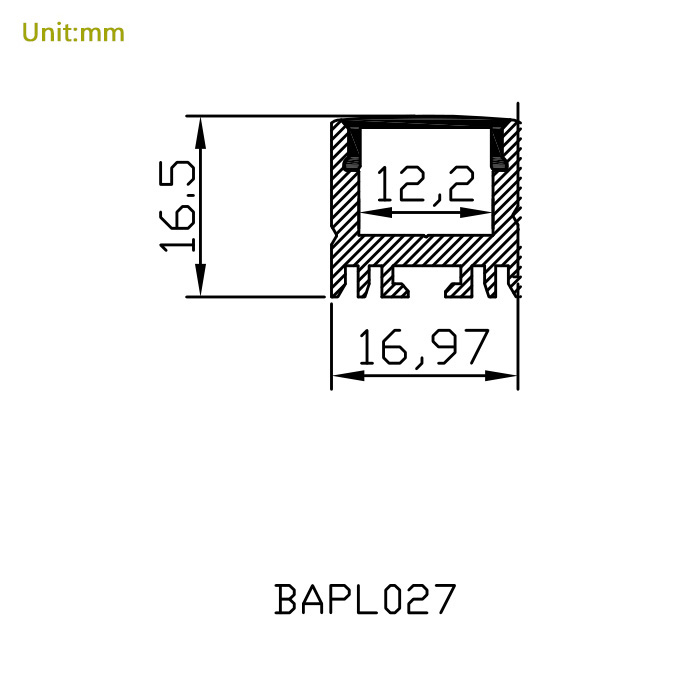 HL-BAPL027 Höhe 12.2 mm Hochleistungs-Einbaukanalprofil aus extrudiertem Aluminium Guter Kühlkörper für Decken mit einer Breite von 16.97 mm und LED-Pendelleuchten HL-BAPL027 Höhe 12.2 mm Hochleistungs-Einbaukanalprofil aus extrudiertem Aluminium Guter Kühlkörper für Decken mit einer Breite von 16.97 mm und LED-Pendelleuchten