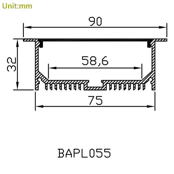 BAPL055 Aluminum Profile - Inner Width 58mm(2.28inch) - LED Strip Anodizing Extrusion Channel