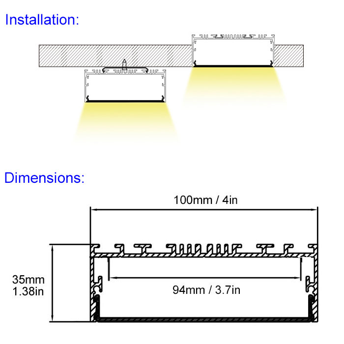 100 x 35 mm, velká povrchová montáž LED pracovního světla s lineárním kanálovým profilem 100 x 35 mm, velká povrchová montáž LED pracovního světla s lineárním kanálovým profilem
