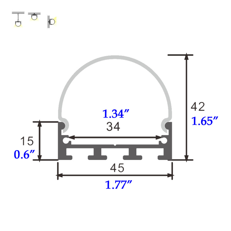 Larger Light Emitting Semi Circular LED Strip Aluminum Channel