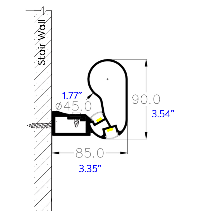 Lighted Wall Mounted Aluminum Black Stair Handrail LED Profile