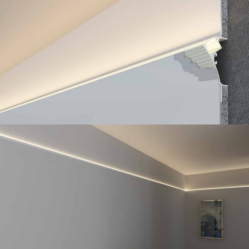 Gips im modernen LED-Kronen-Deckenleistenprofil für 18-mm-Leuchten Gips im modernen LED-Kronen-Deckenleistenprofil für 18-mm-Leuchten