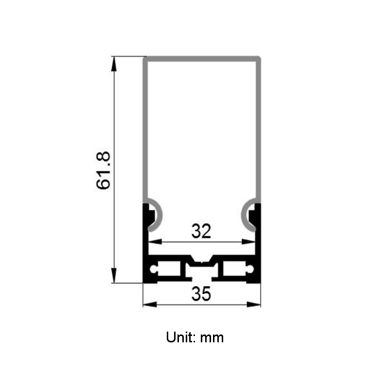 Abgehängter Aluminiumkanal für vierreihige LED-Streifen mit 32 mm Innenbreite Abgehängter Aluminiumkanal für vierreihige LED-Streifen mit 32 mm Innenbreite