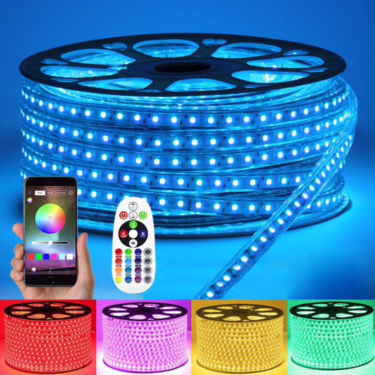 AC110/220V Hochspannungs-RGB-APP-Steuerung, Farbwechsel, LED-Bandlichter – für den Außenbereich, wasserdicht, IP67 – 18 LEDs/ft, 32.8–328 ft/Rolle AC110/220V Hochspannungs-RGB-APP-Steuerung, Farbwechsel, LED-Bandlichter – für den Außenbereich, wasserdicht, IP67 – 18 LEDs/ft, 32.8–328 ft/Rolle