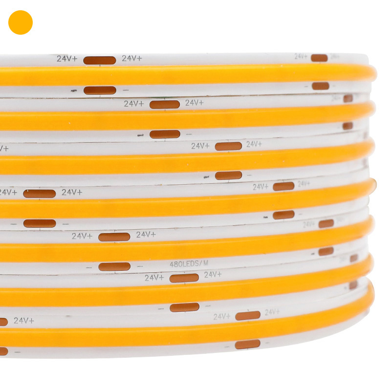Hoher CRI 90 FOB 480Chips/M Gelbes Farblicht Flexible COB-LED-Streifenlichter – DC12/24V – 16.4ft/5m pro Rolle Hoher CRI 90 FOB 480Chips/M Gelbes Farblicht Flexible COB-LED-Streifenlichter – DC12/24V – 16.4ft/5m pro Rolle