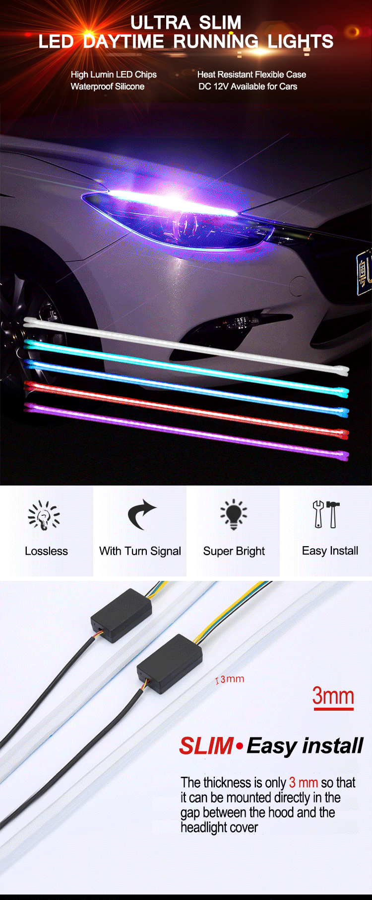 12V 24V 5 colors Available Waterproof LED Car Daytime Light 