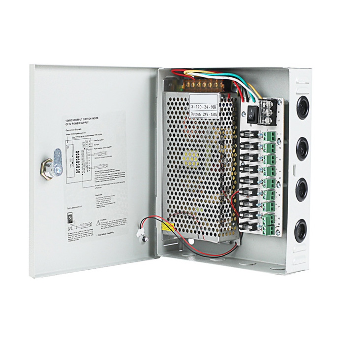 120W 5A 9CH DC24V výstupní režim přepínače CCTV distribuční box Přenosný napájecí zdroj pro IR kamerové monitorovací zařízení LED pásková světla