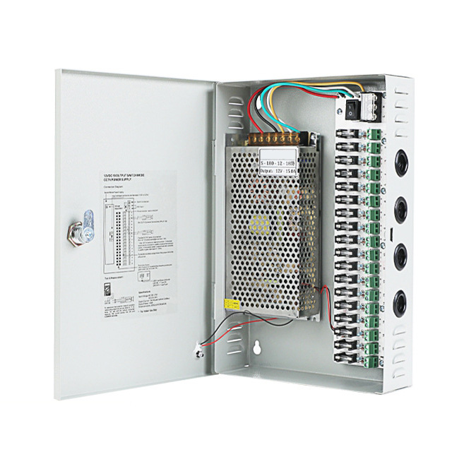 180W 15A 18CH DC12V výstupní režim přepínače CCTV distribuční box Přenosný napájecí zdroj pro IR kamerové monitorovací zařízení LED pásková světla