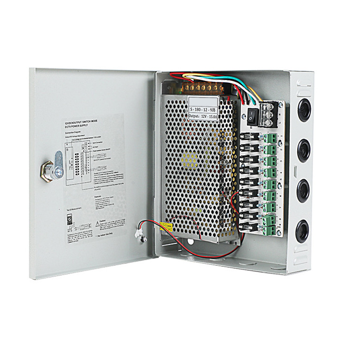 180W 15A 9CH DC12V výstupní režim přepínače CCTV distribuční box Přenosný napájecí zdroj pro IR kamerové monitorovací zařízení LED pásková světla