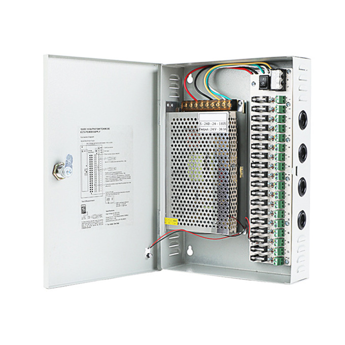 240W 10A 18CH DC24V výstupní režim přepínače CCTV distribuční box Přenosný napájecí zdroj pro IR kamerové monitorovací zařízení LED pásková světla