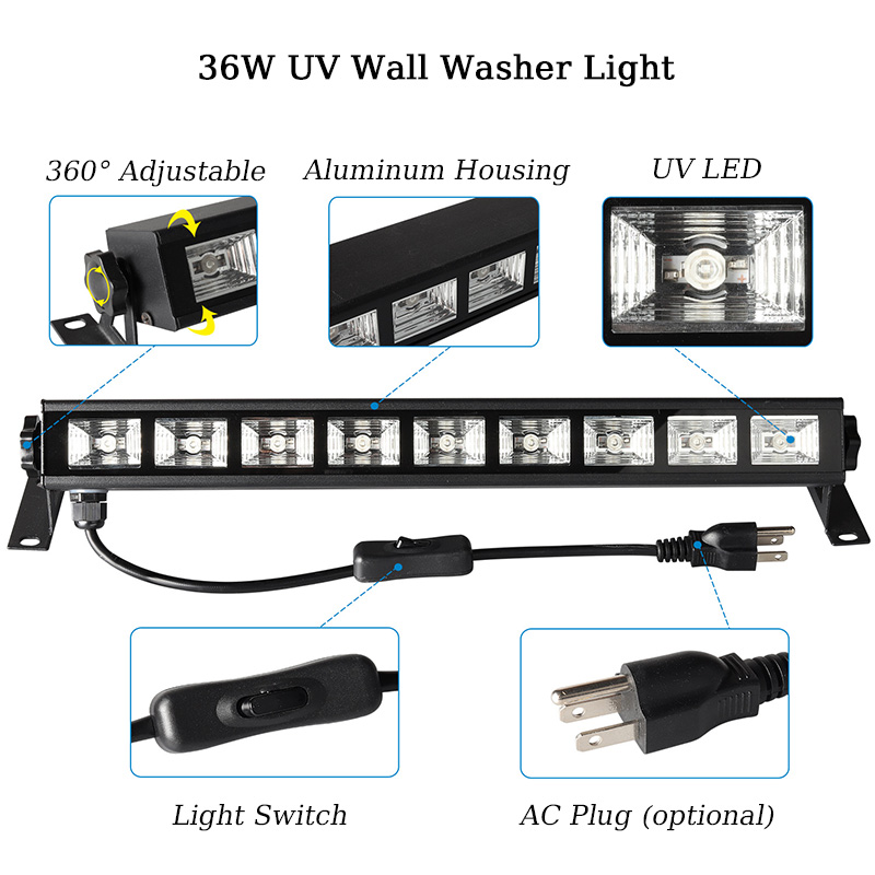 36W 385-400nm LED Black Light Bar, Black Lights for Glow Party