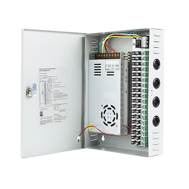 360W 15A 18CH DC24V výstupní režim přepínače CCTV distribuční box Přenosný napájecí zdroj pro IR kamerové monitorovací zařízení LED pásková světla