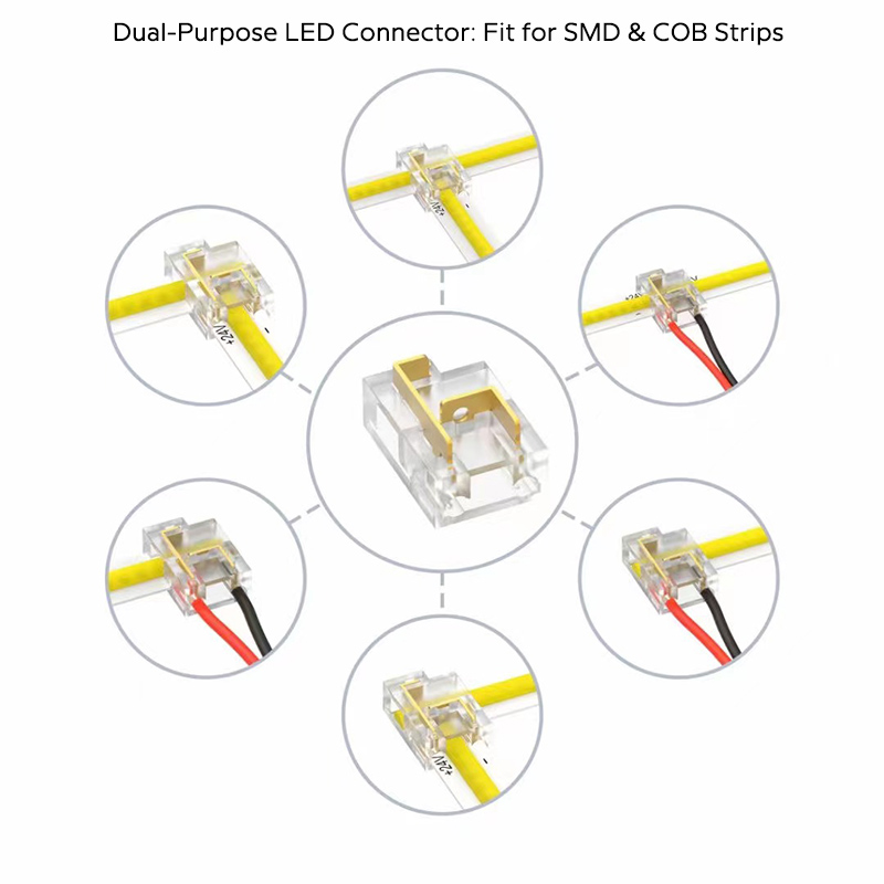 Vše v jednom SMD a COB kompatibilní LED páskový světelný konektor 2 pin 8mm Vše v jednom SMD a COB kompatibilní LED páskový světelný konektor 2 pin 8mm