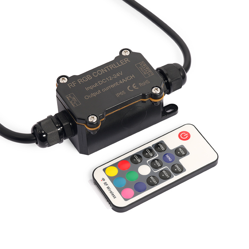 DC12-24V Univerzální LED vestavěný 24 vzorů bezdrátový venkovní vodotěsný ovladač s 17klávesovým RF dálkovým ovladačem pro RGB LED pásy, světla nebo moduly DC12-24V Univerzální LED vestavěný 24 vzorů bezdrátový venkovní vodotěsný ovladač s 17klávesovým RF dálkovým ovladačem pro RGB LED pásy, světla nebo moduly