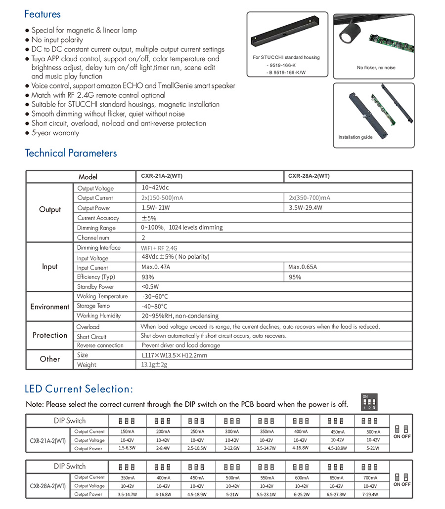 CXR-28A-2(WT) WiFi & RF MAX 29.4W laditelný bílý stmívatelný konstantní proud LED ovladač - 48V až 10-42V